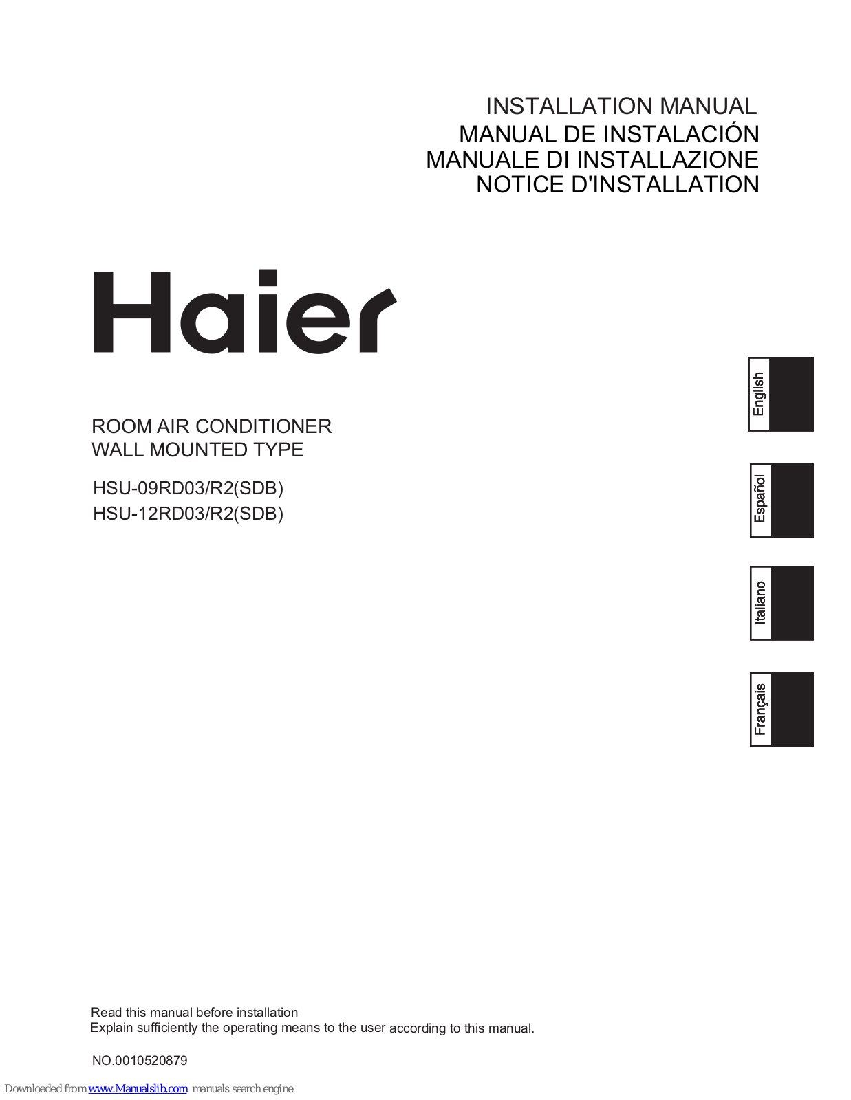 Haier HSU-09RD03/R2(SDB), HSU-12RD03/R2(SDB) Installation Manual