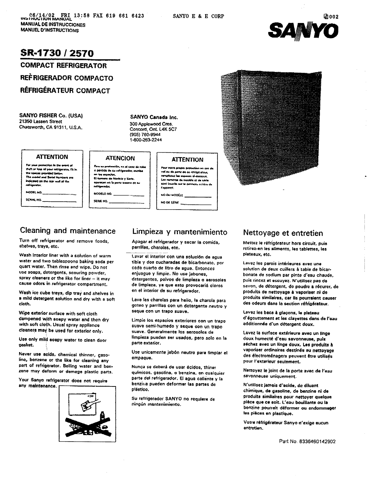 SANYO SR1730W, SR1730M User Manual