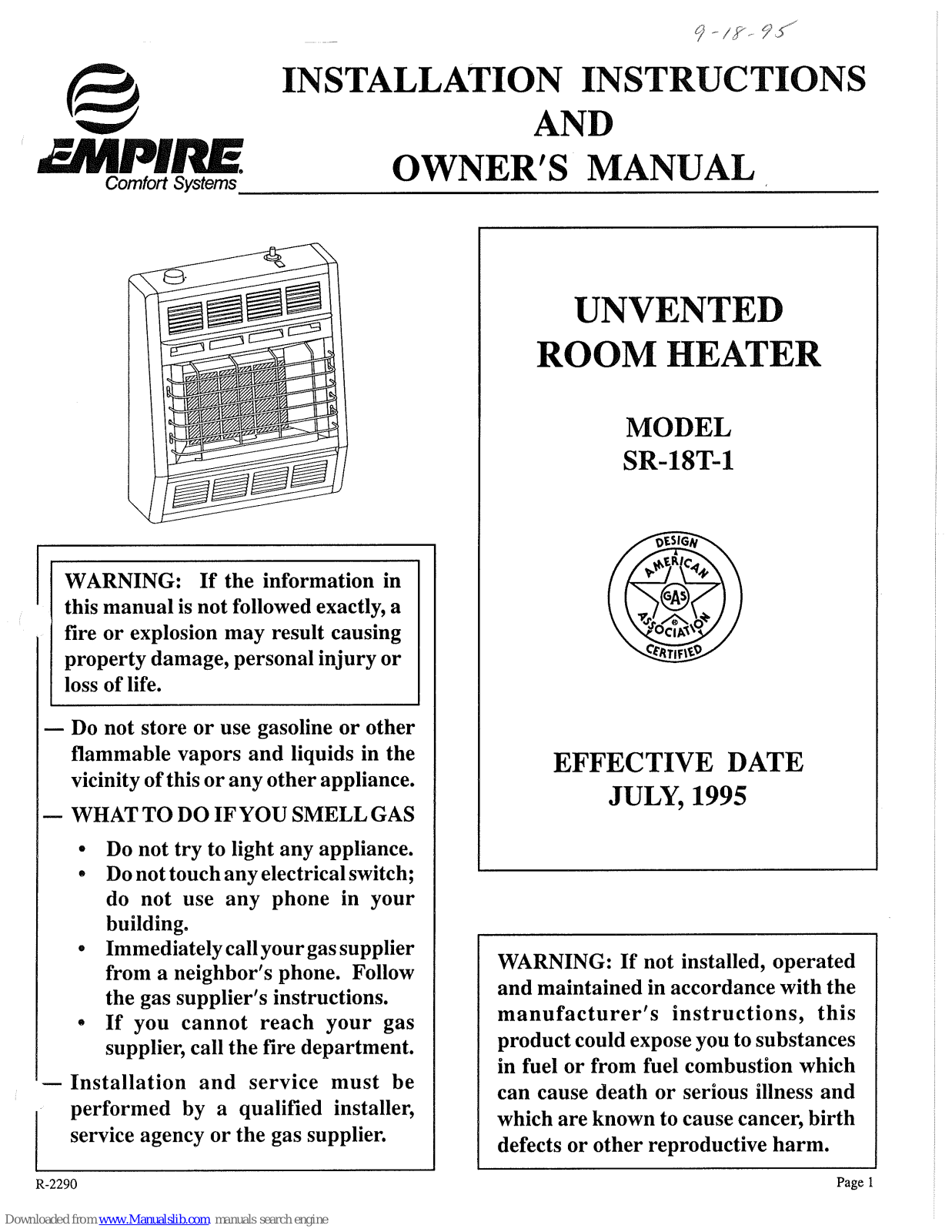 Empire Comfort Systems SR-18T-1 Installation Instructions And Owner's Manual