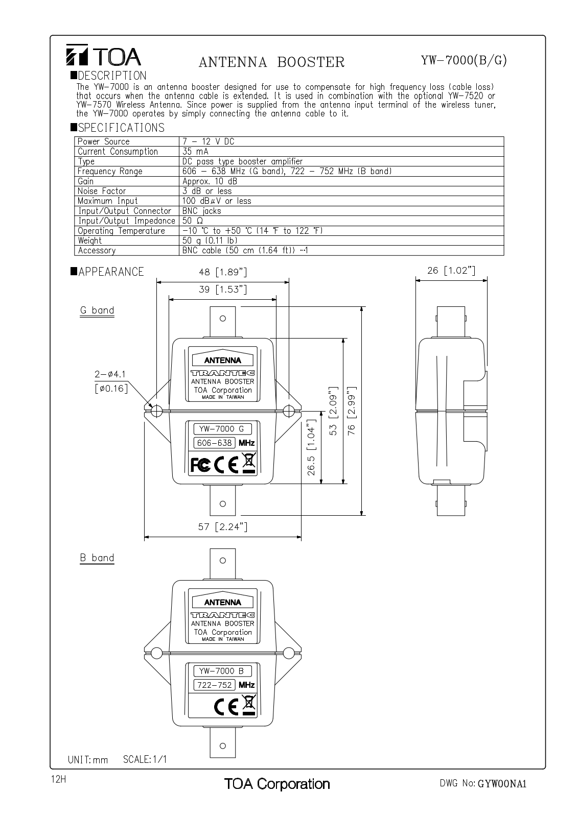 TOA YW-7000-G User Manual