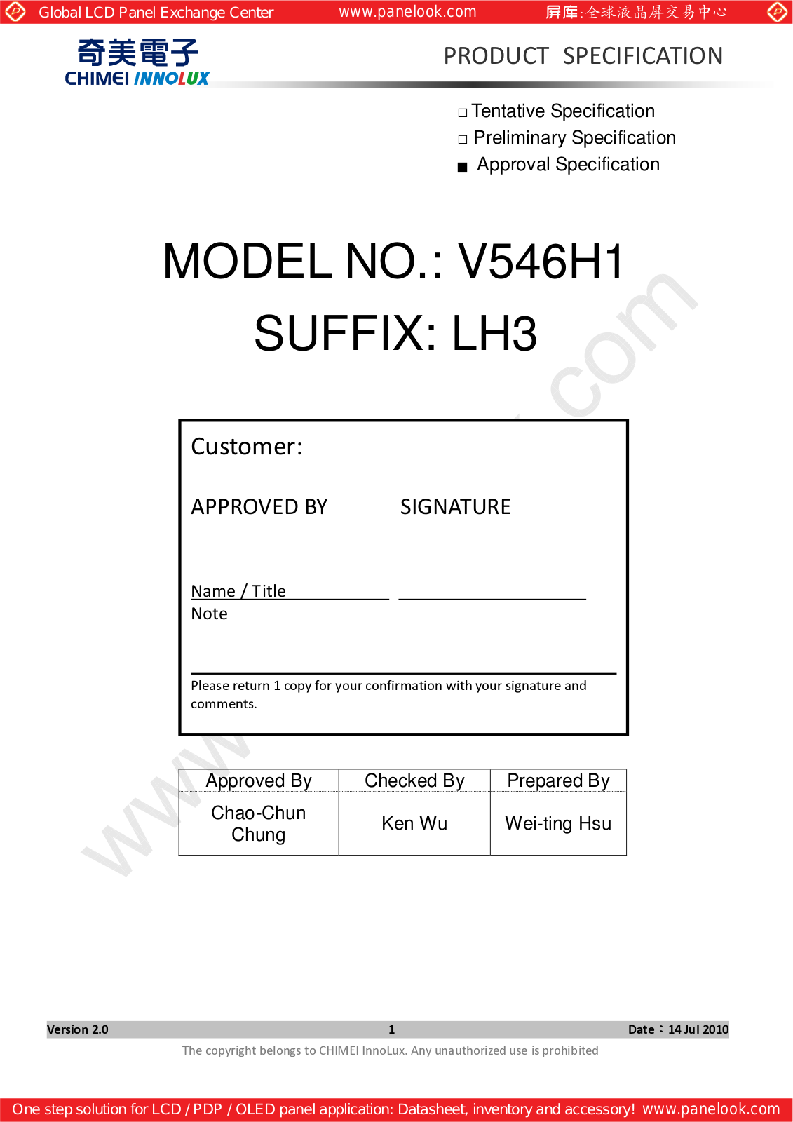 CHIMEI INNOLUX V546H1-LH3 Specification