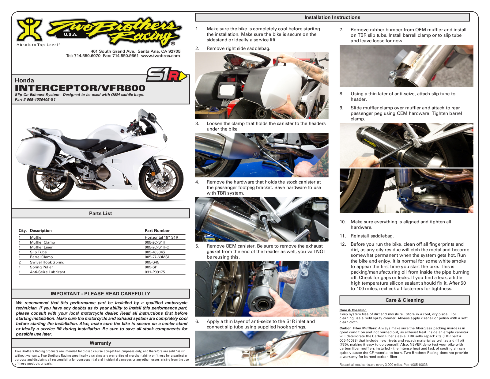 Two Brothers Racing VFR800 User Manual