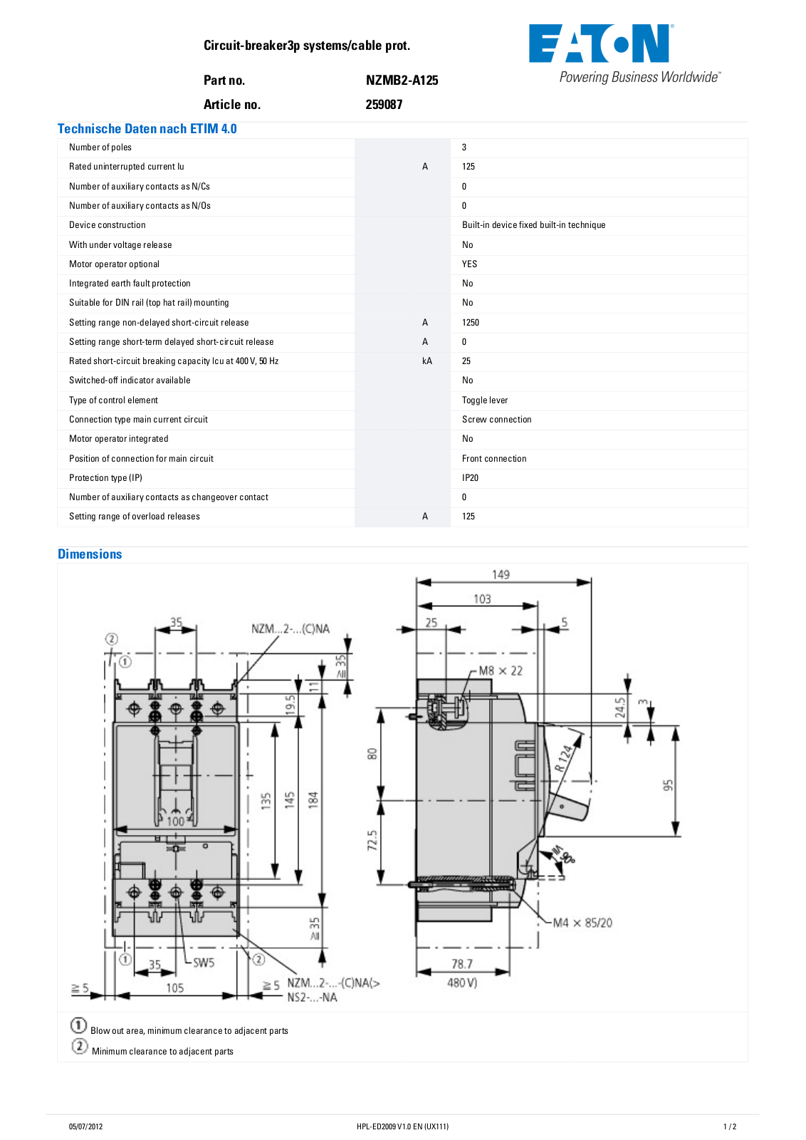 Klockner-Moeller, Div of Eaton Corp. NZMB2-A125 Data Sheet