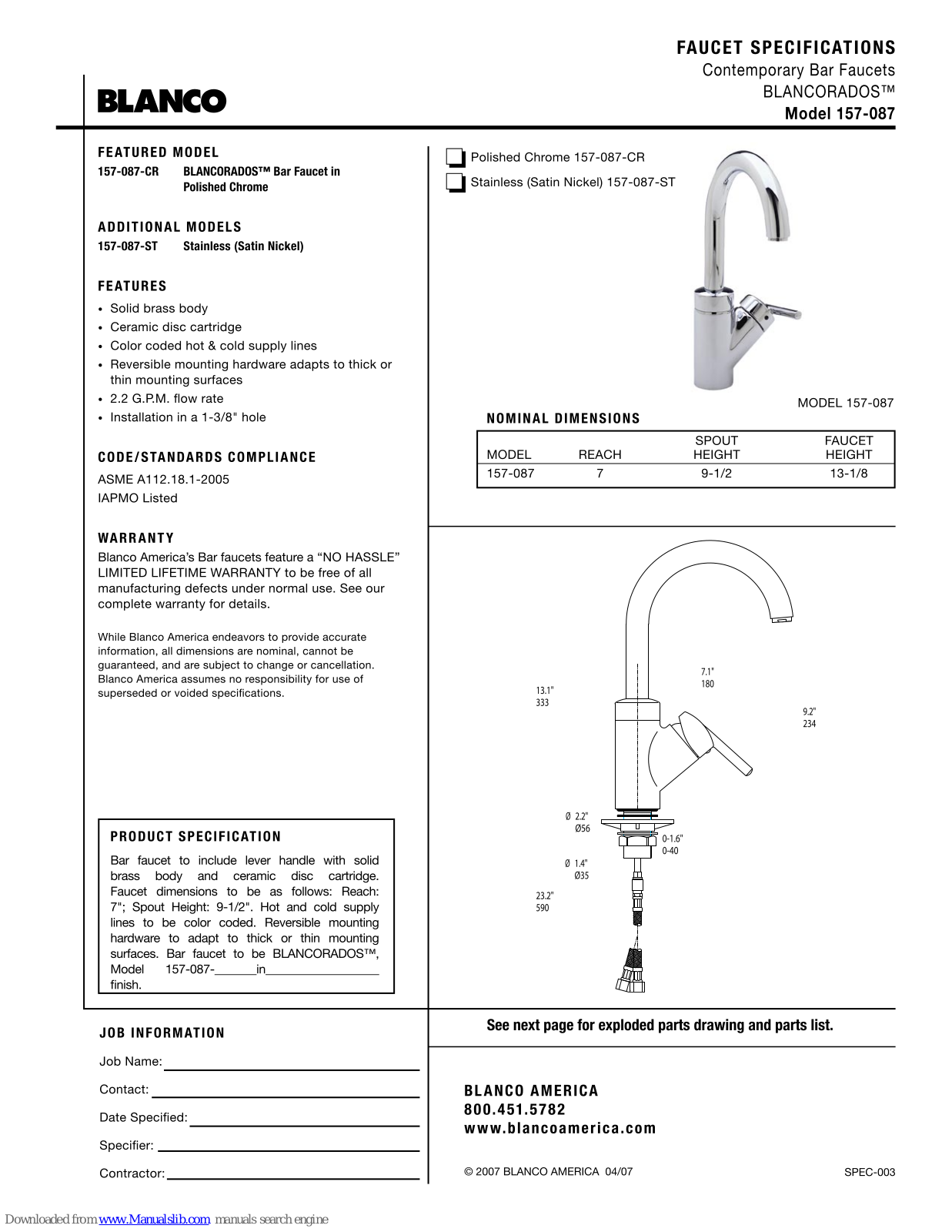 Blanco 157-087-CR, 157-087-ST Specification Sheet - ManualMachine.com