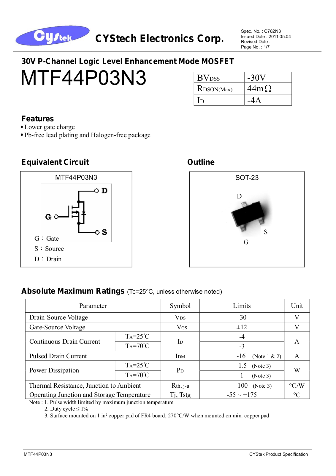 CYStech MTF44P03N3 Schematic