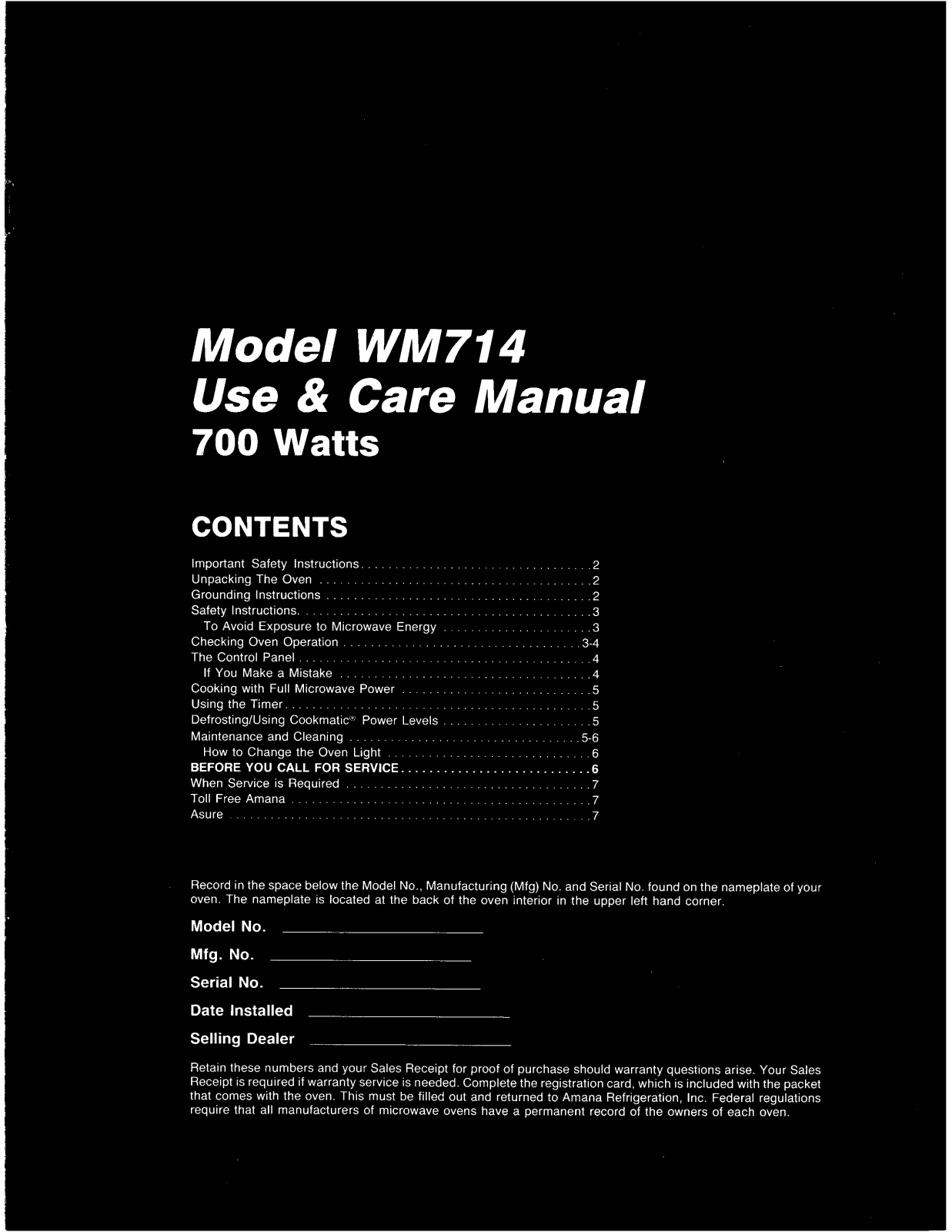 Amana WM714 Owner's Manual