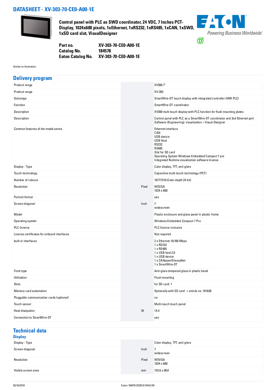 Cutler Hammer, Div of Eaton Corp XV-303-70-CE0-A00-1E Data Sheet