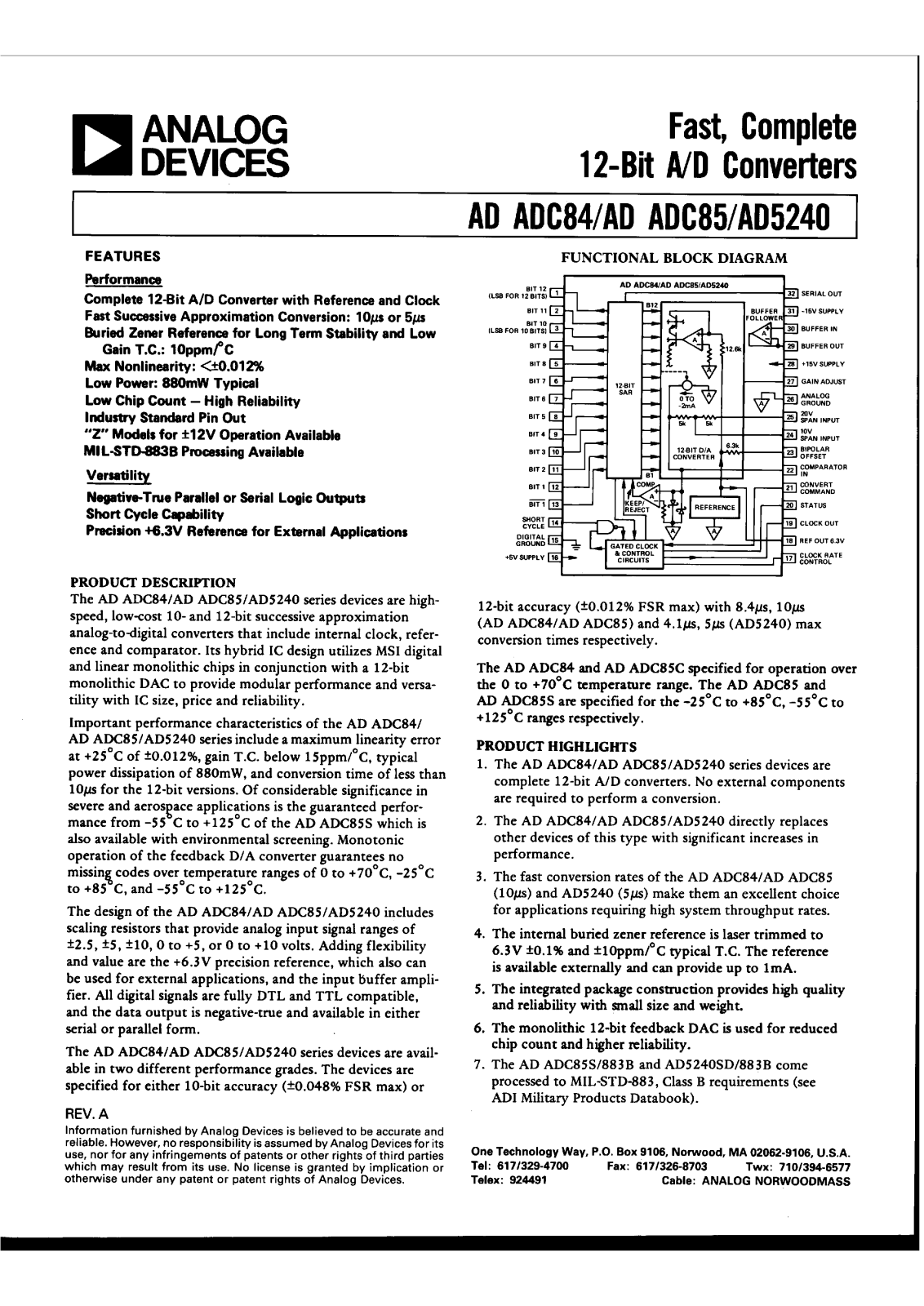 Analog Devices ADADC85S-12-883B, ADADC85S-12, ADADC85S-10, ADADC85C-12, ADADC85C-10 Datasheet