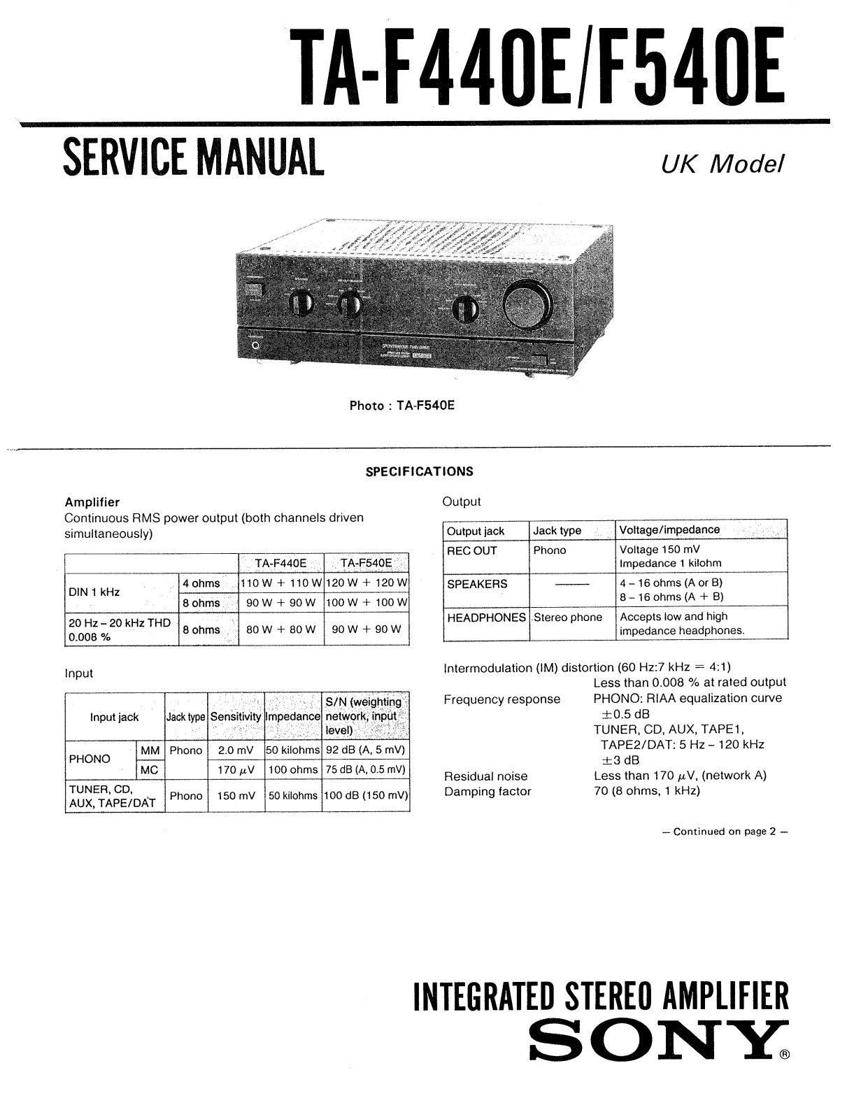 Sony TAF-540-E Service manual