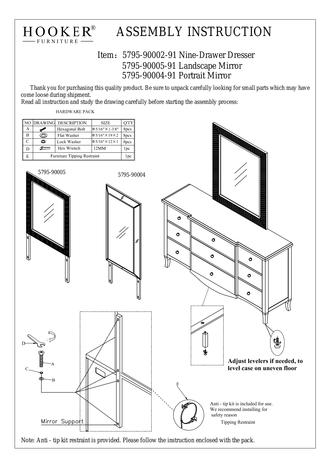 Hooker Furniture 57959000291, 57959000491, 57959000591 Assembly Guide