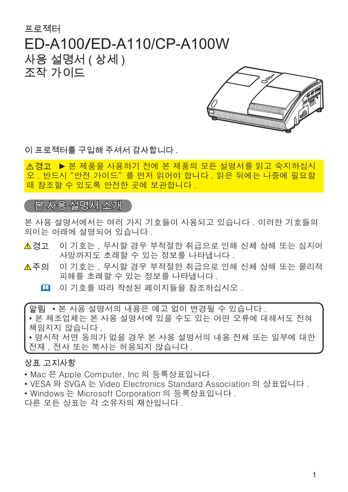 Hitachi ED-A100, CP-A100W, ED-A110 User Manual