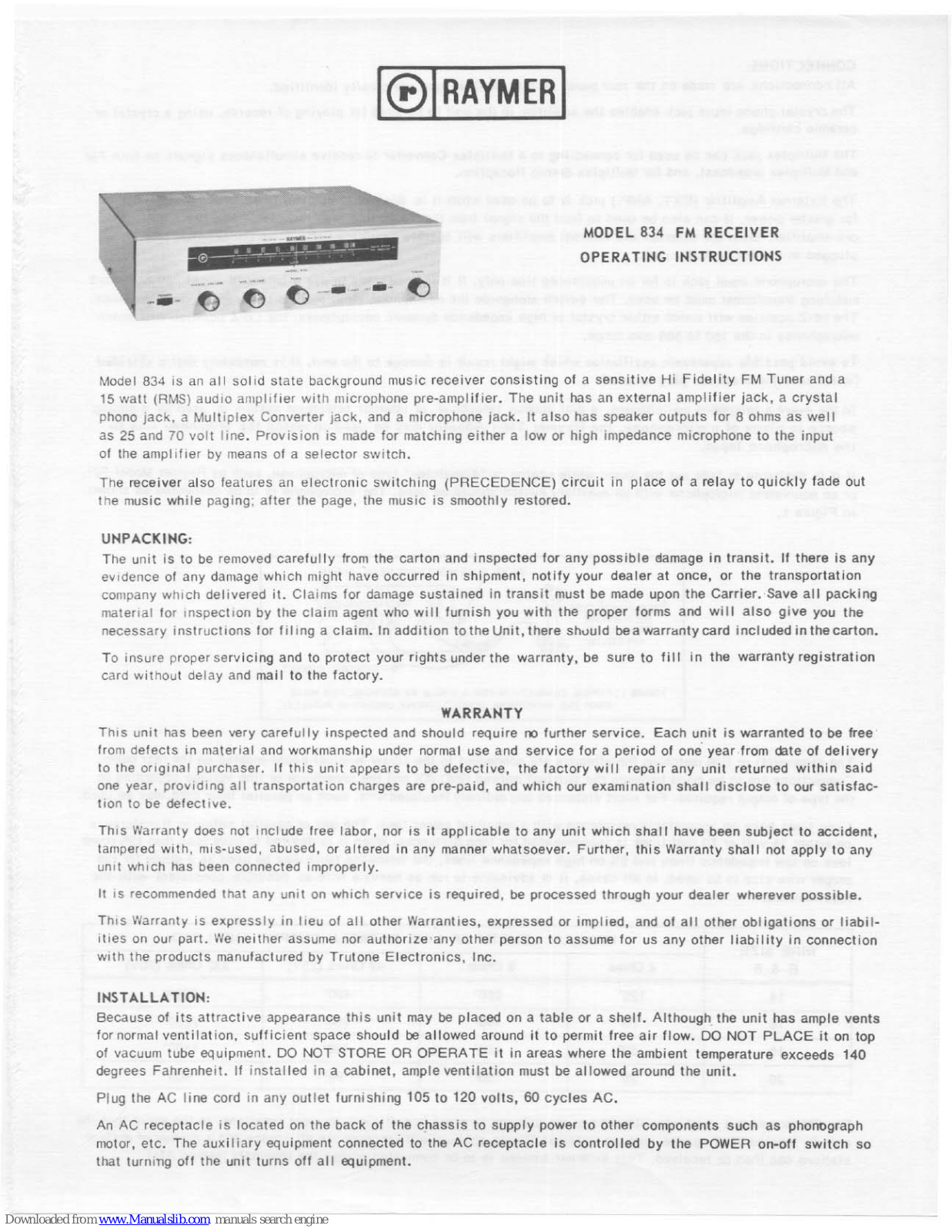 Raymer FM Receiver 834 Operating Instructions Manual