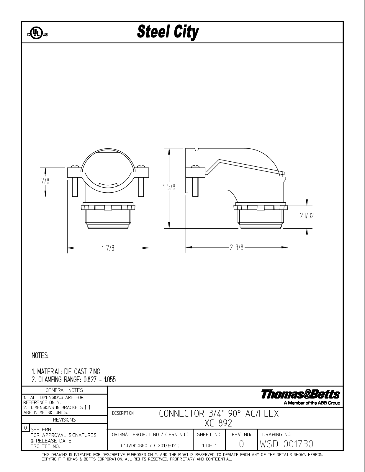 Thomas & Betts XC892 Reference Drawing