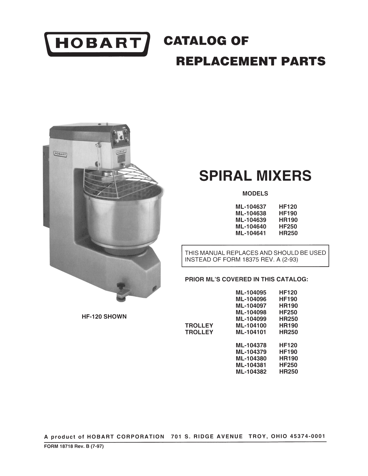 Hobart Food Machines HF120 Parts List