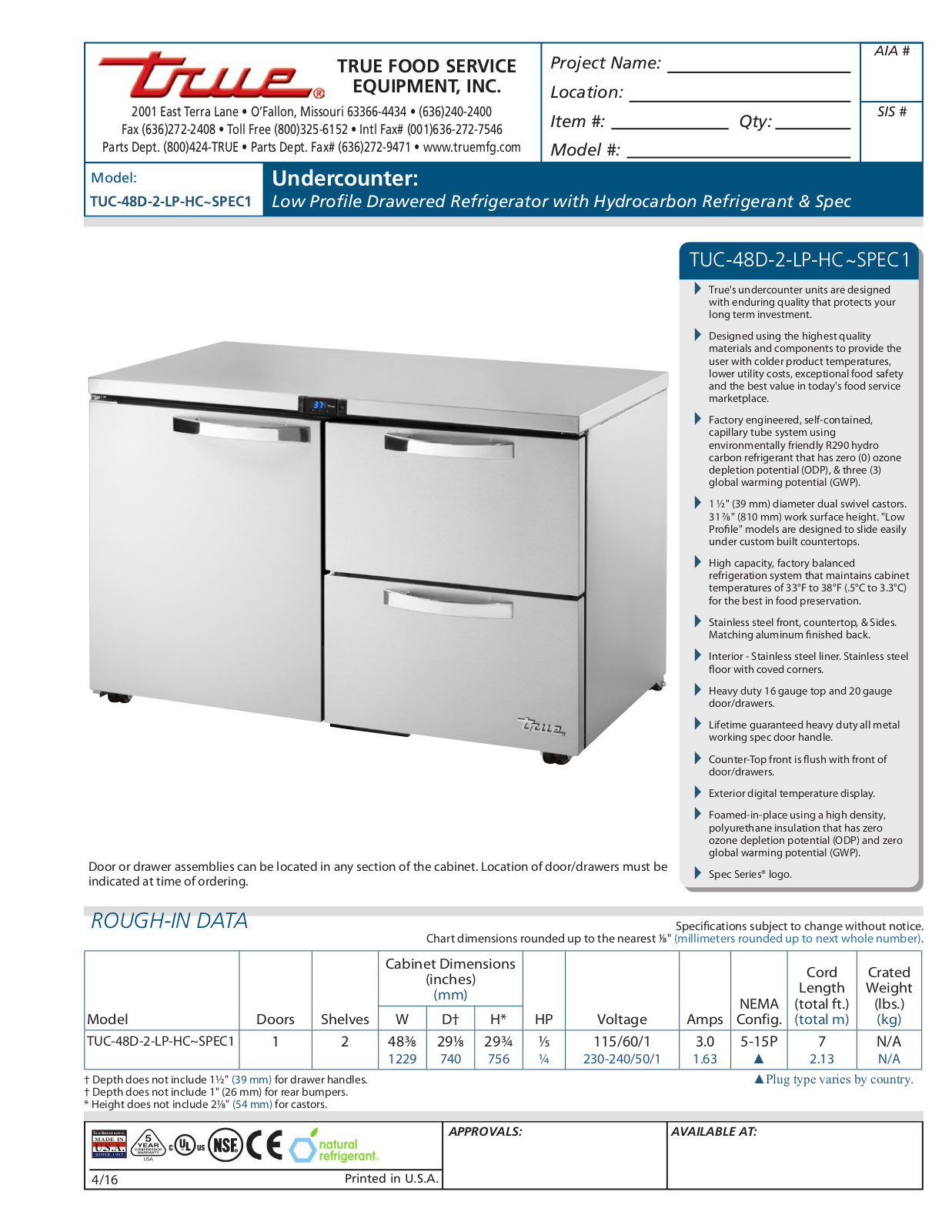 True TUC-48D-2-LP-HC User Manual