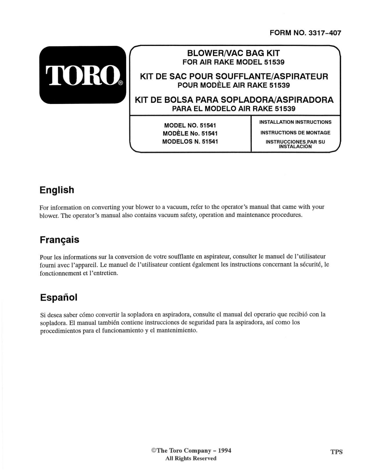 Toro 51541 Installation Instructions