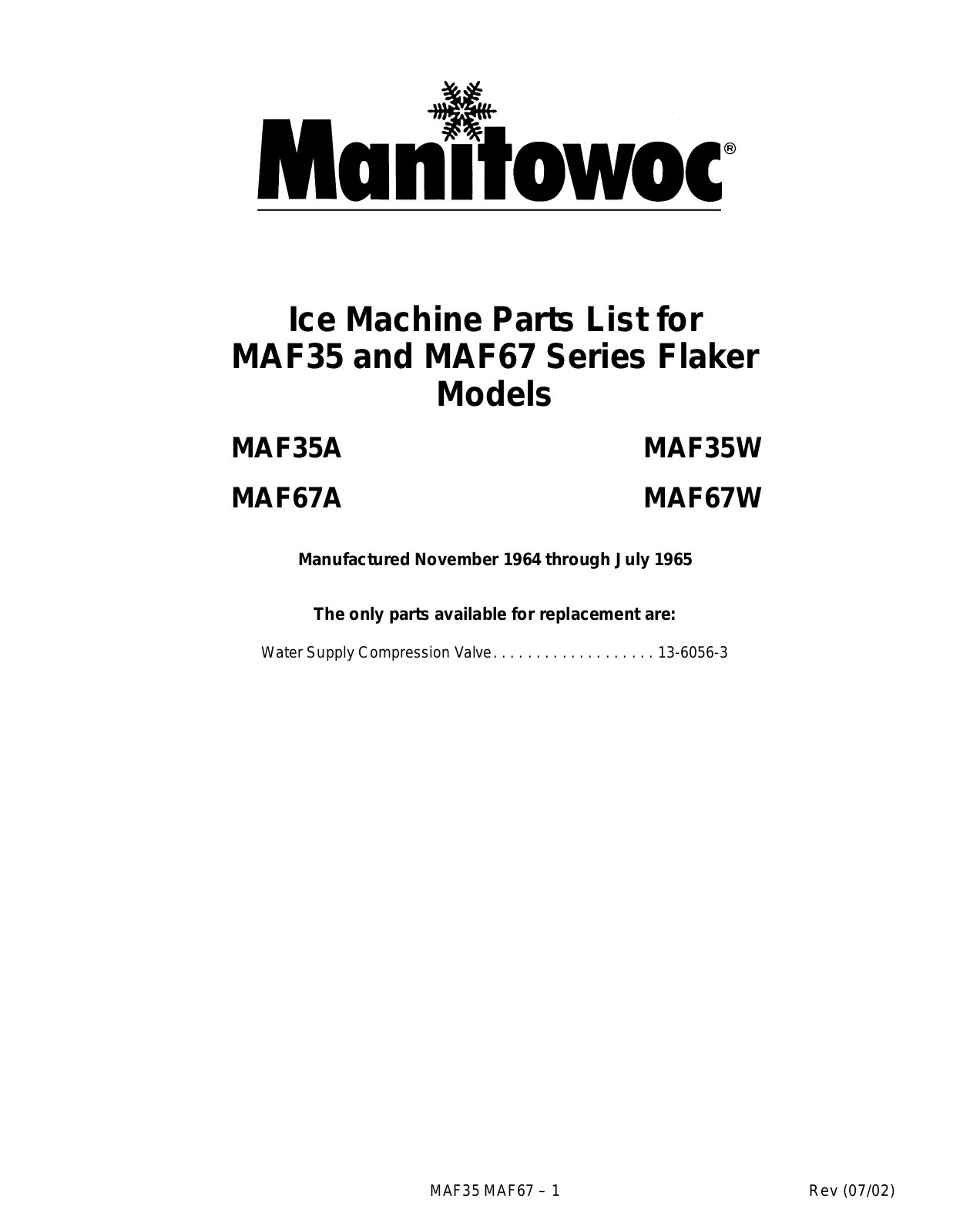 Manitowoc Ice MAF35A Parts List