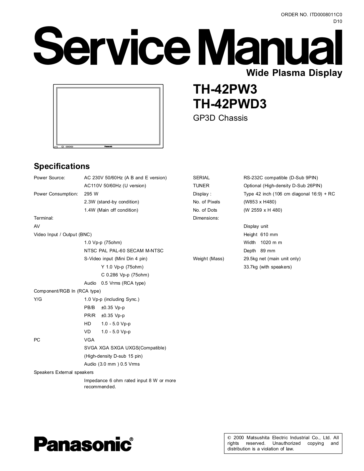 Panasonic TH-42PW3, TH-42PWD Service Manual