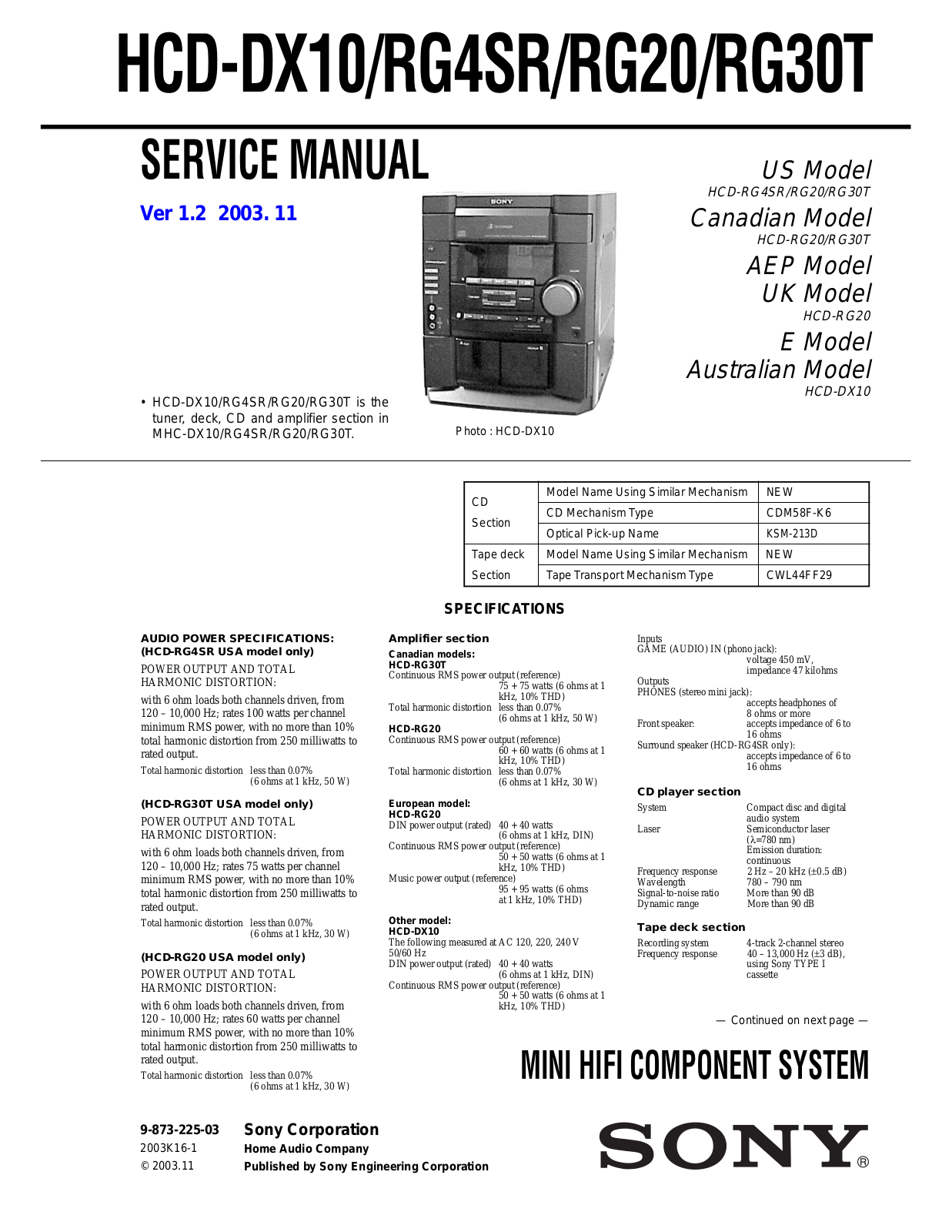 Sony HCD-DX10 Service Manual