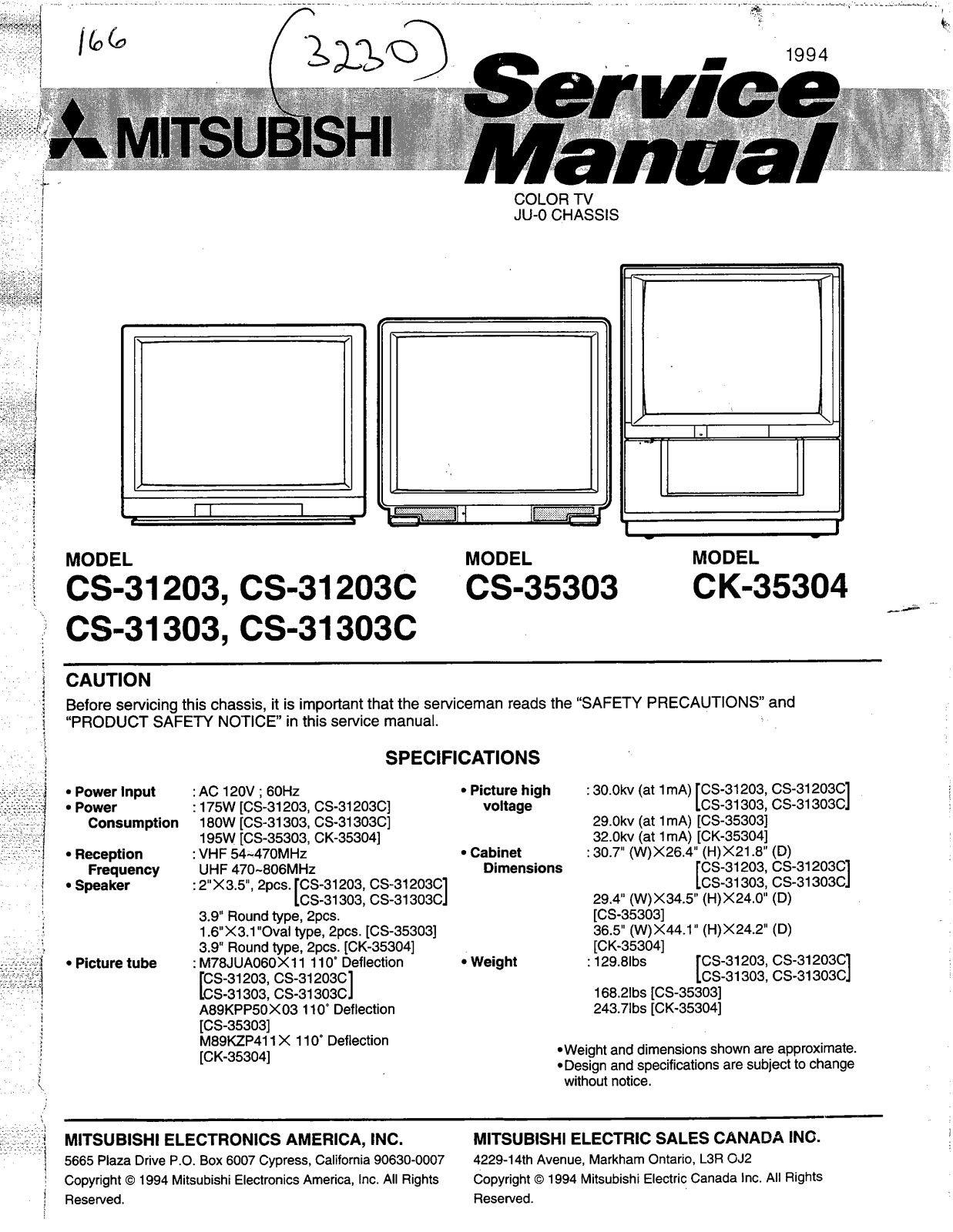 Mitsubishi CK-35304, CS-35303, CS-31303C, CS-31303, CS-31203 Service Manual