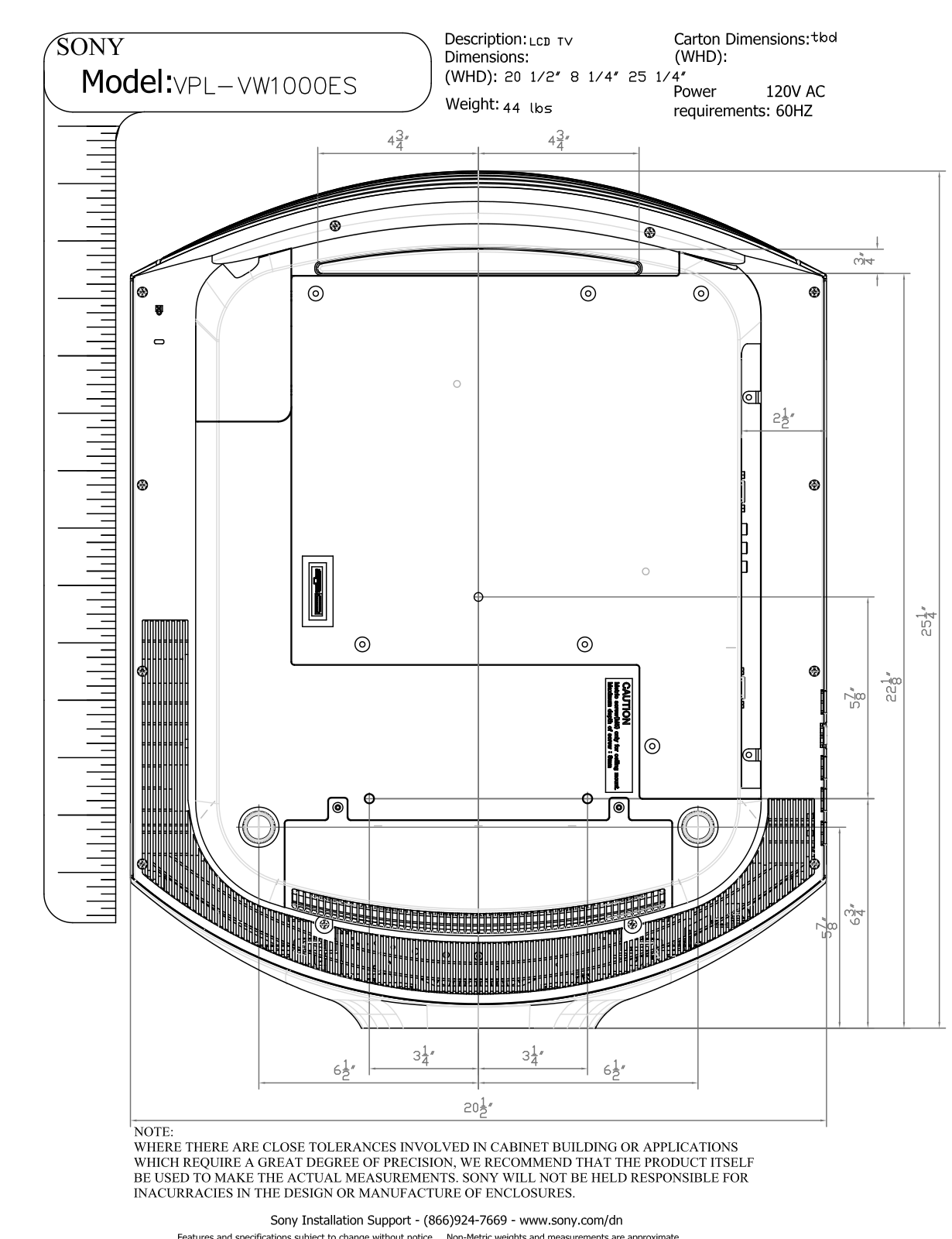 Sony VPL-VW1000ES Dimensions Diagram