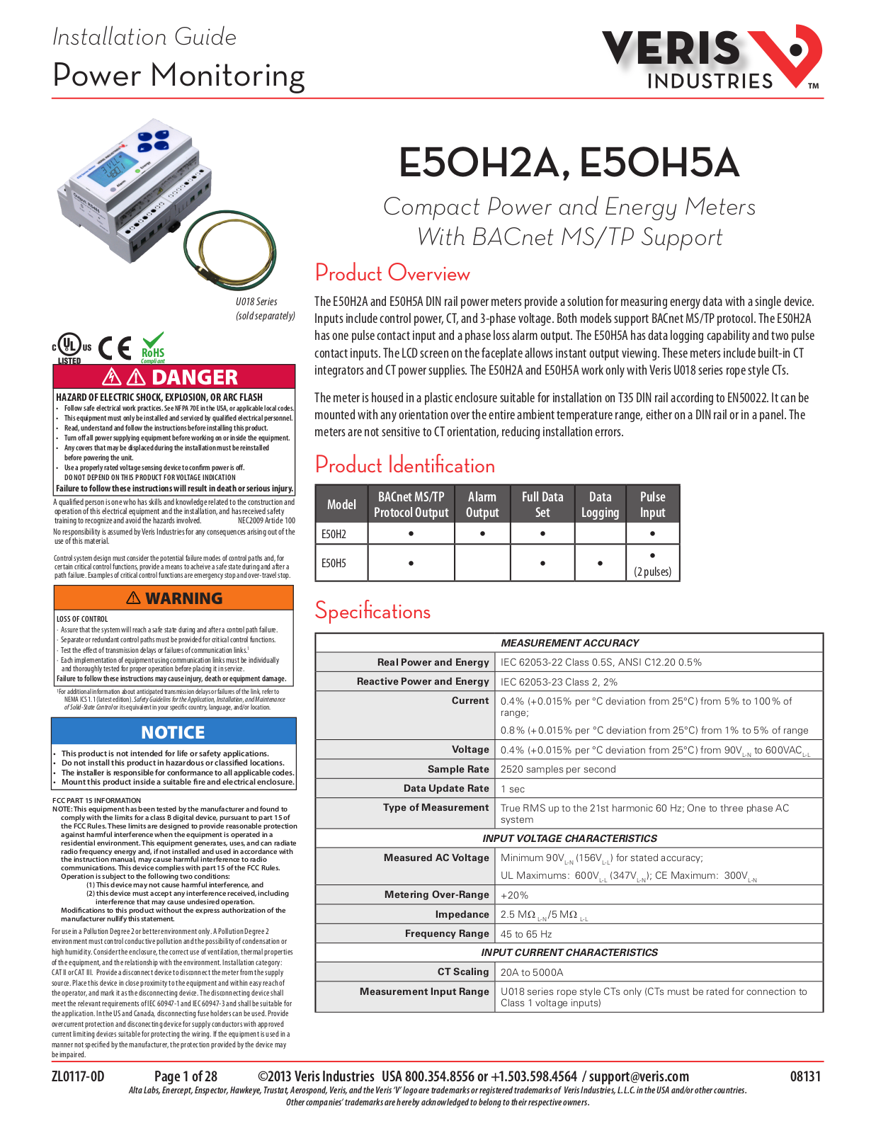 Veris E50H5A Installation Instructions