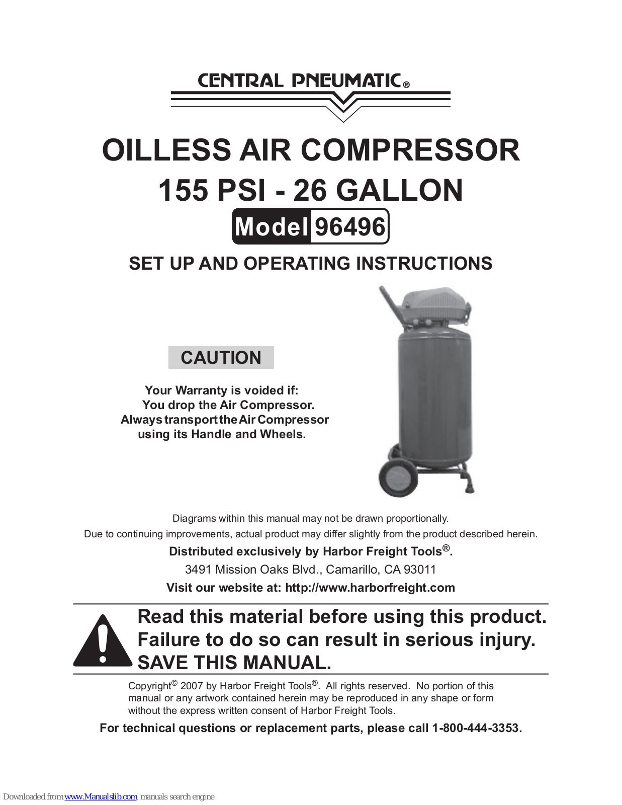 Central Pneumatic 96469 Set Up And Operating Instructions Manual