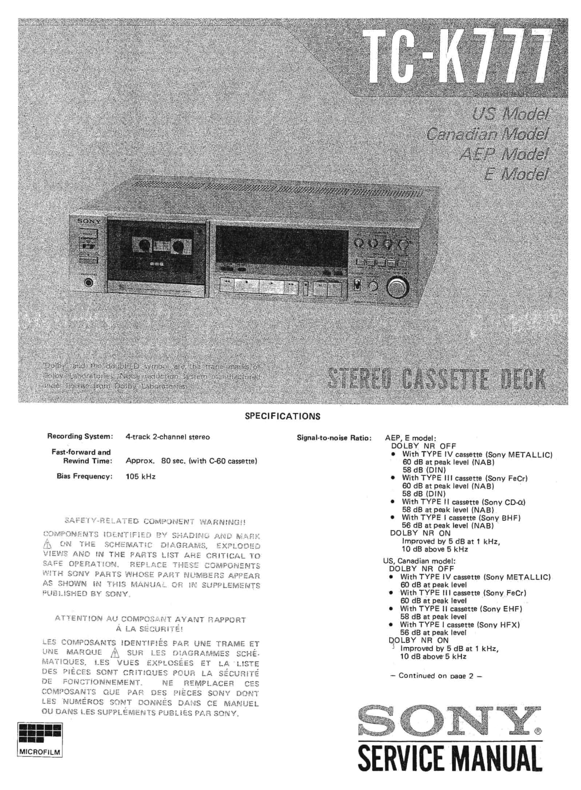 Sony TC-K777 Service Manual