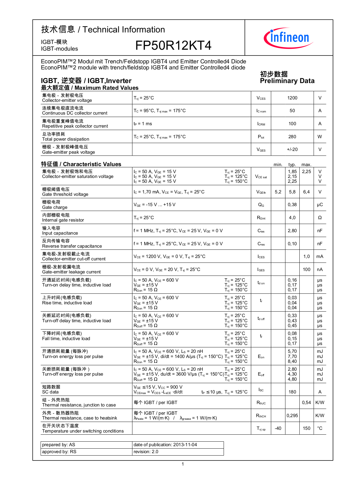 Infineon FP50R12KT4 Data Sheet