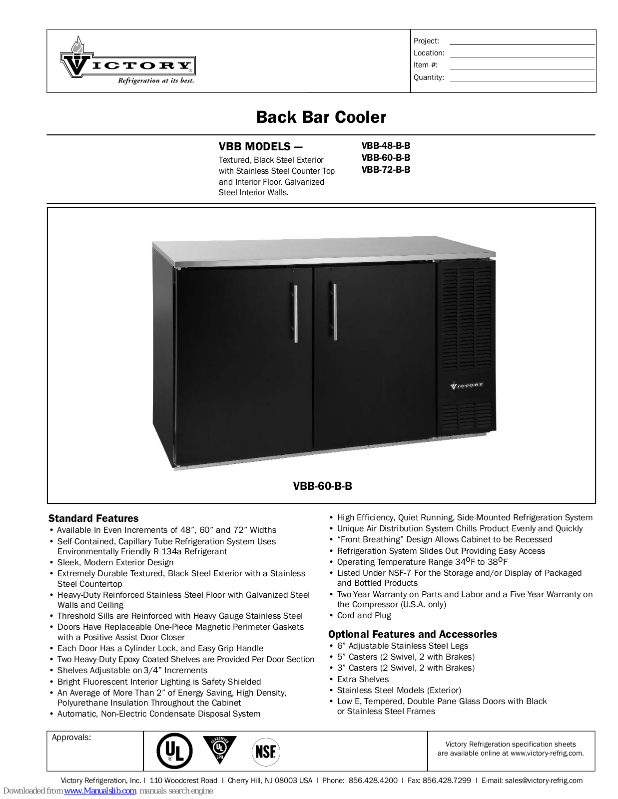 Victory VBB-48-B-B, VBB-60-B-B, VBB-72-B-B Specifications