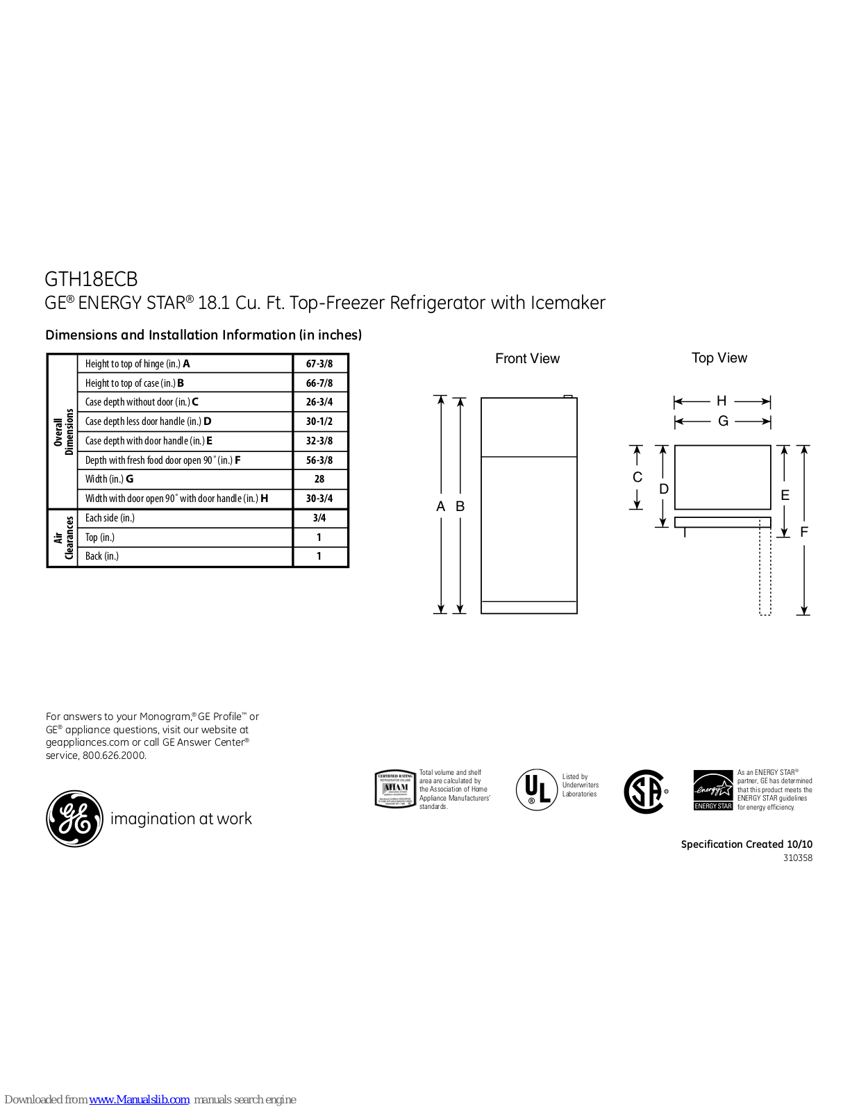 GE ENERGY STAR GTH18ECBWW, ENERGY STAR GTH18ECB, ENERGY STAR GTH18ECBBB Dimensions And Installation Information
