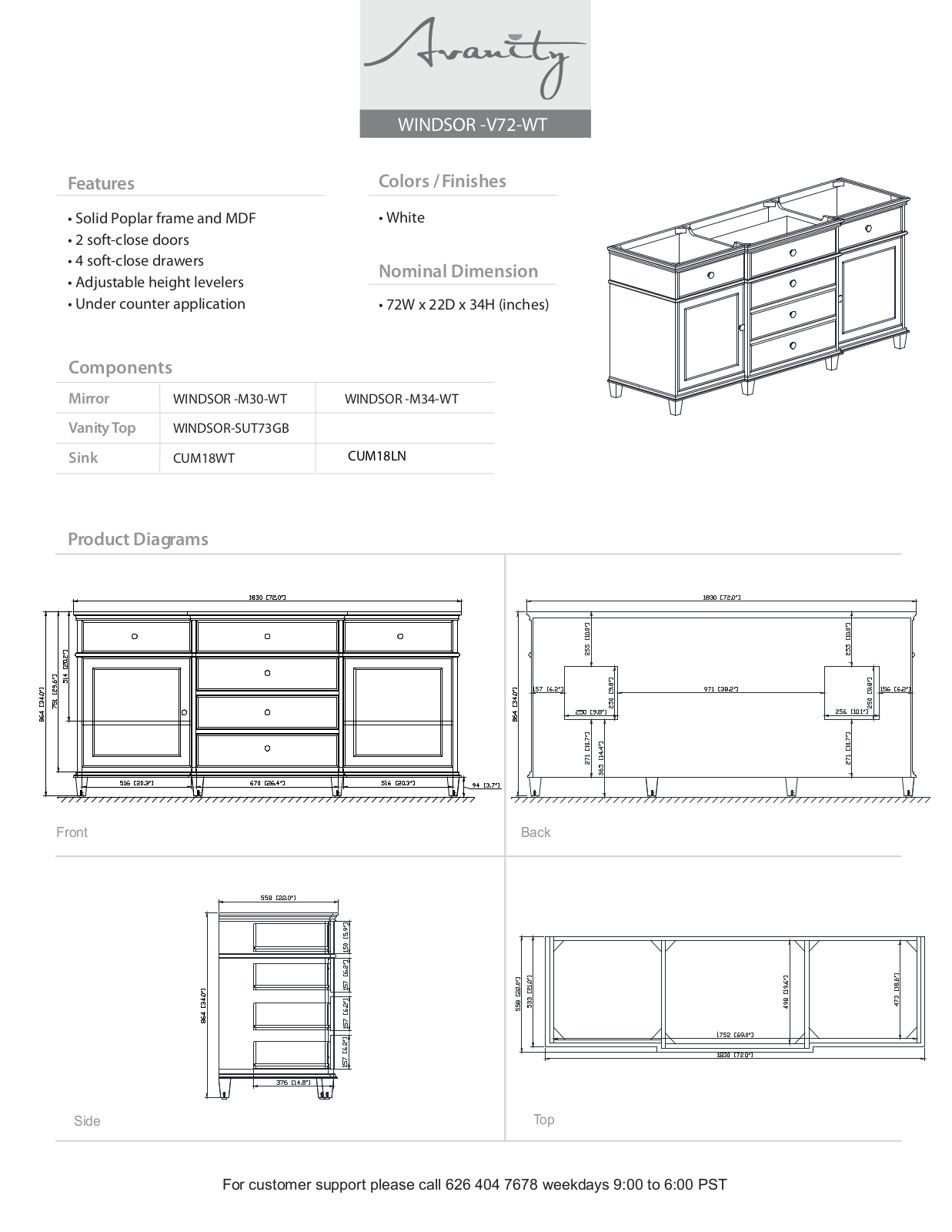 Avanity WINDSORVS72WTA, WINDSORVS72WTC Specifications