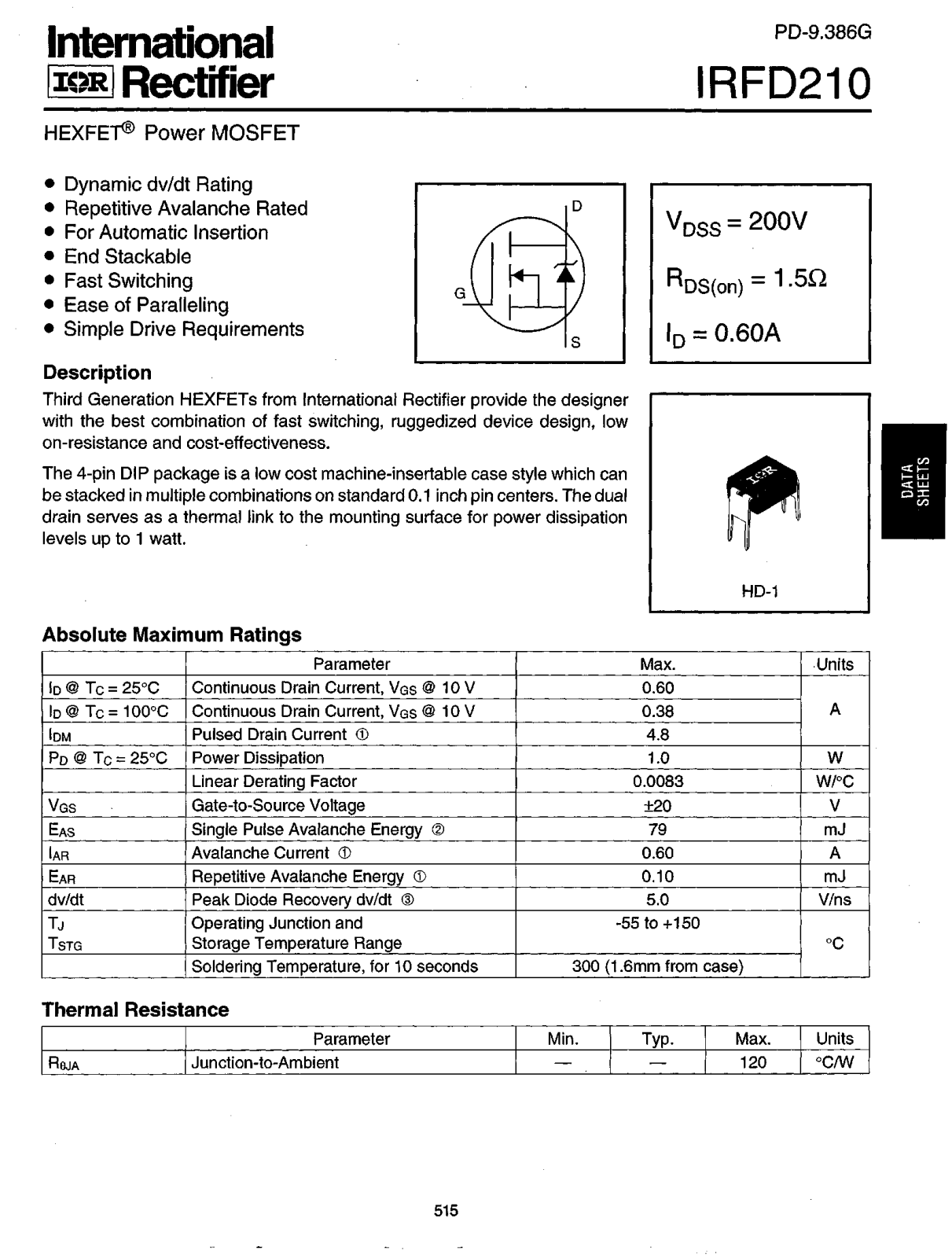 International Rectifier IRFD210 Datasheet