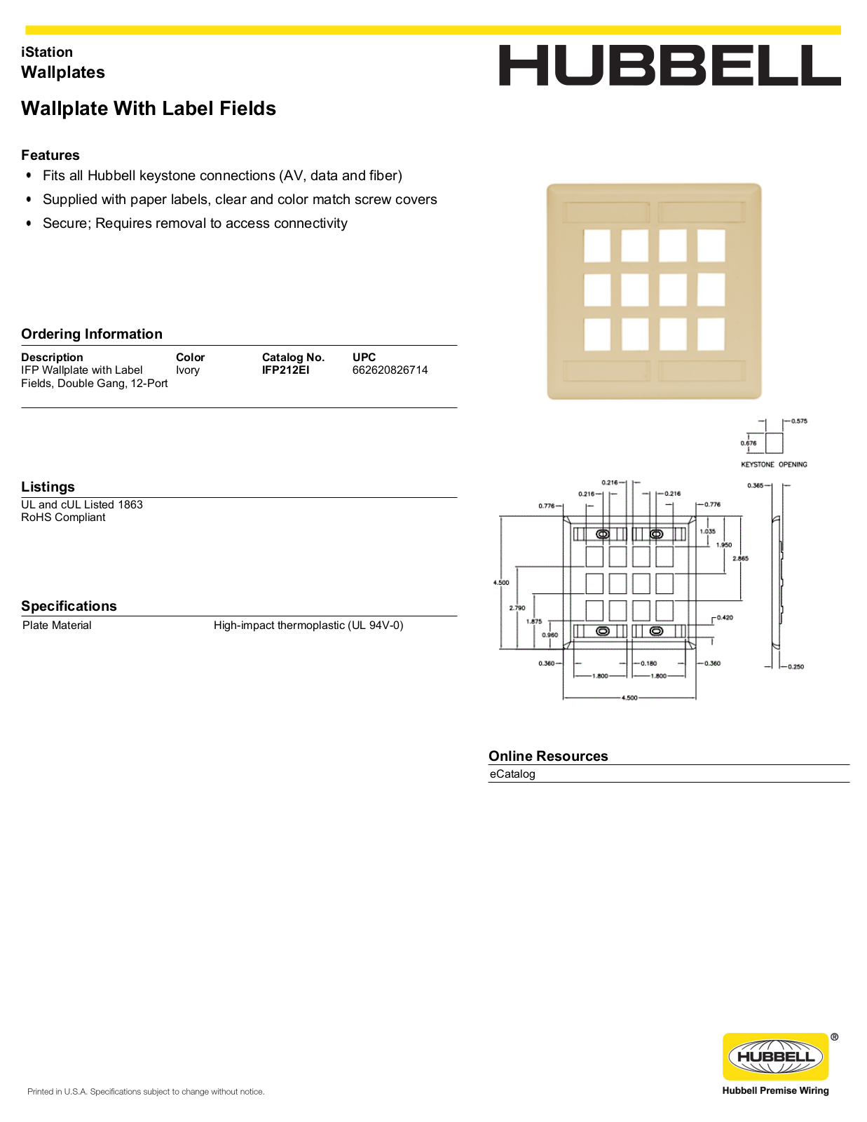 Hubbell IFP212EI Specifications