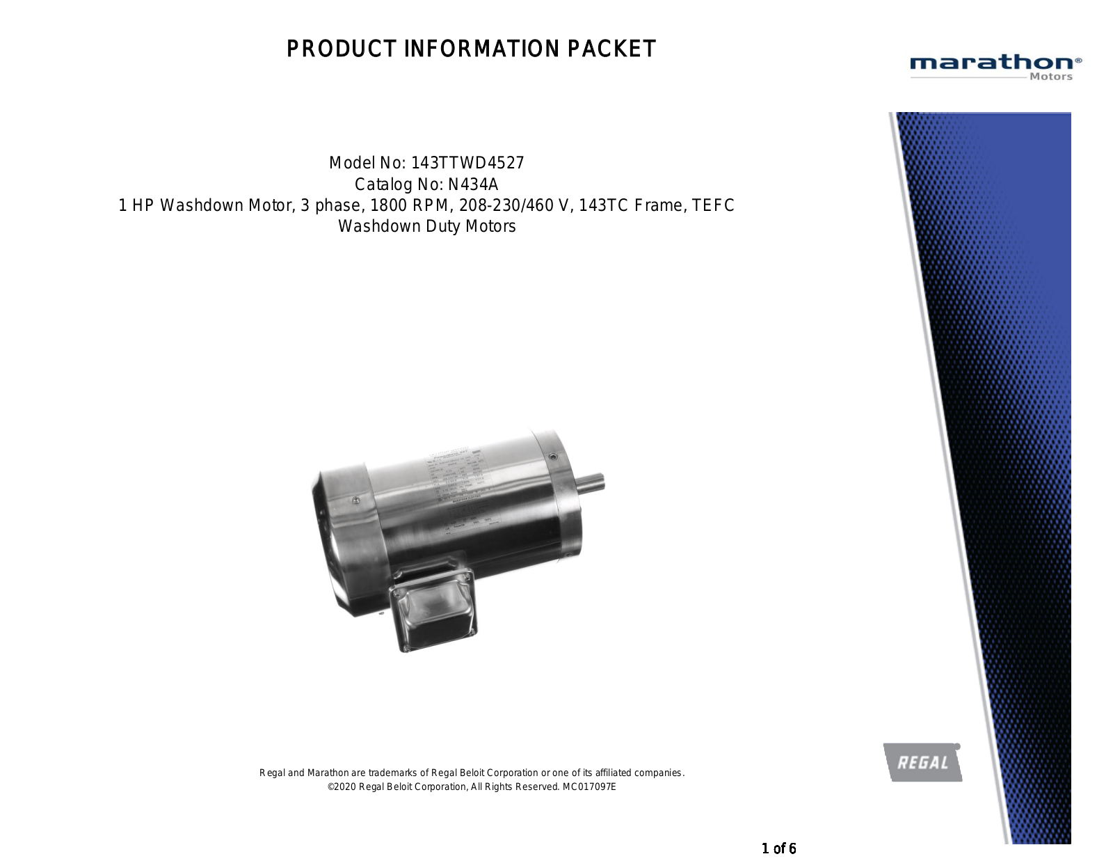 Marathon Electric N434A Product Information Packet