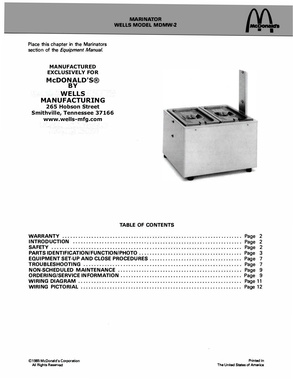 Wells MDMW-2 Service Manual