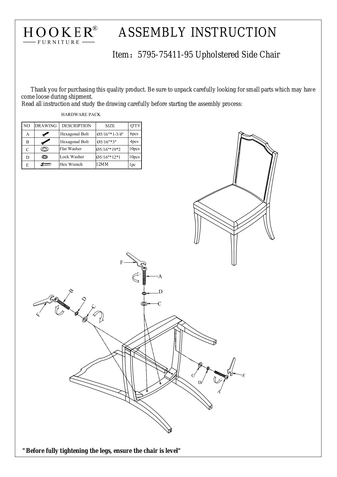 Hooker Furniture 57957541195 Assembly Guide