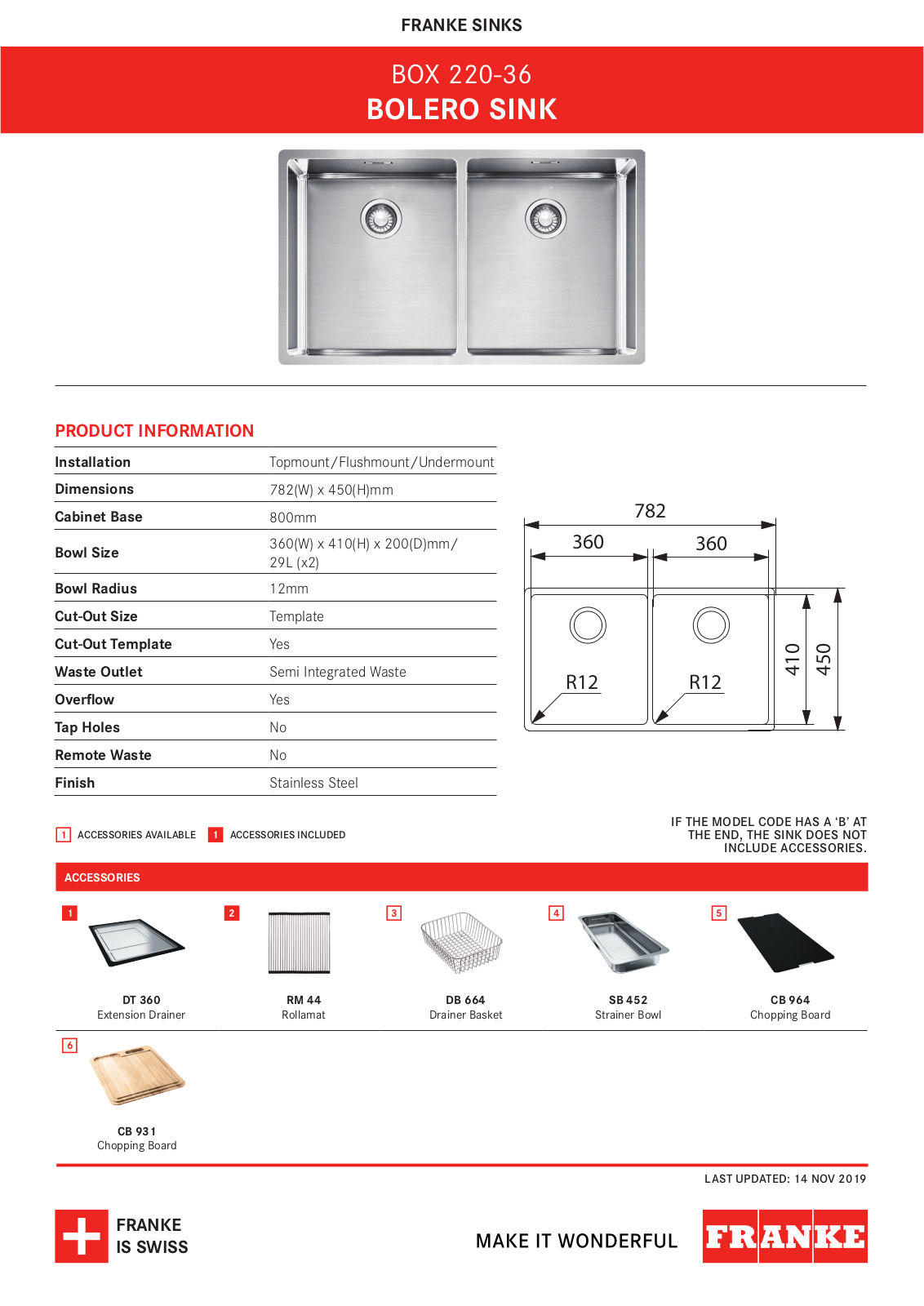 Franke BOX220-36 Specifications Sheet