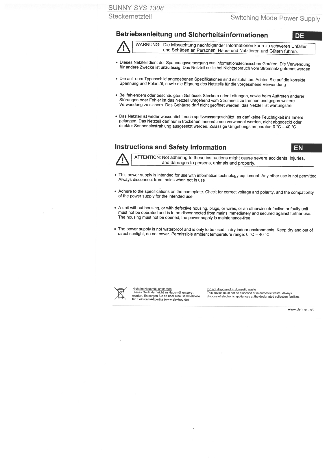 Dehner Elektronik SUNNY SYS 1308 Operating Instructions