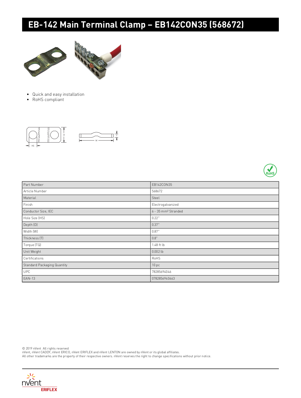 ERICO 568672 Data Sheet