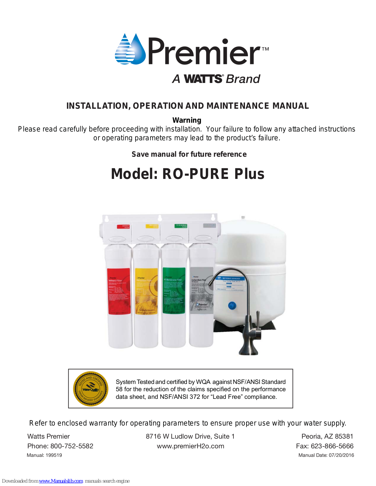 Premier RO-PURE Plus Installation, Operation And Maintenance Manual - ManualMachine.com