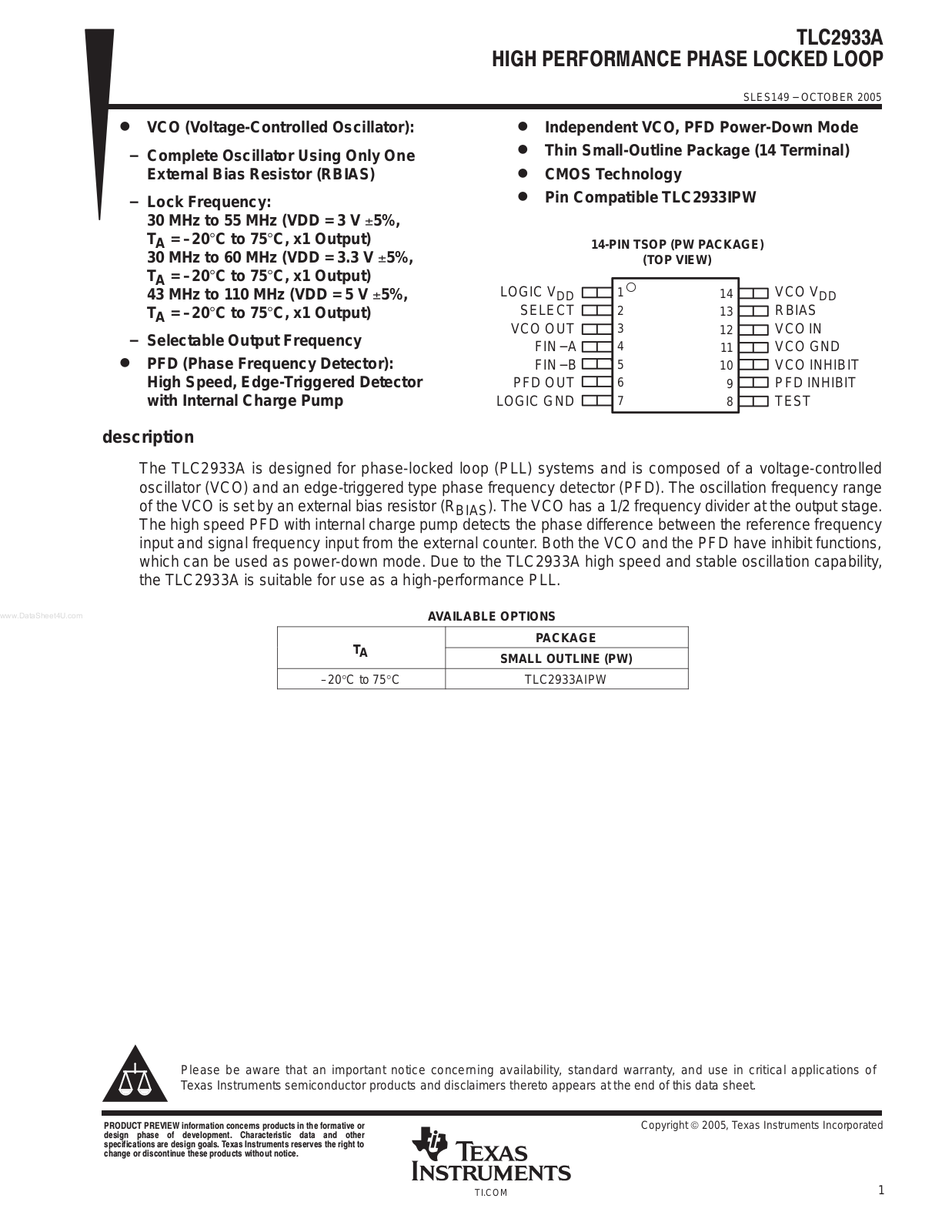 Texas Instruments TLC 2933 A INSTALLATION INSTRUCTIONS