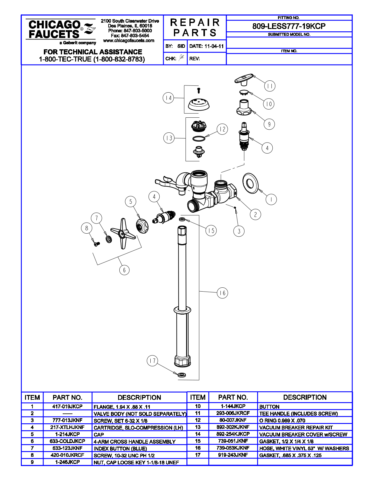 Chicago Faucet 809-LESS777-19K Parts List