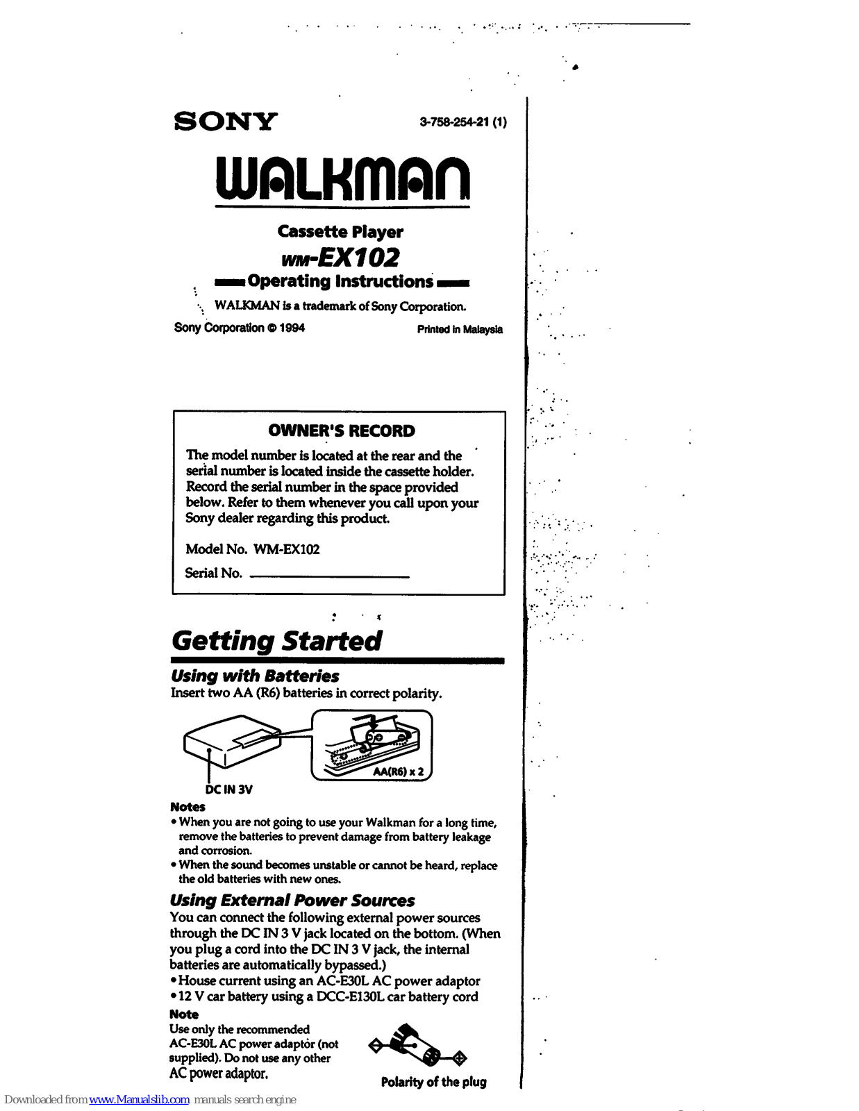 Sony WalkMan WM-EX102 Operating Instructions Manual