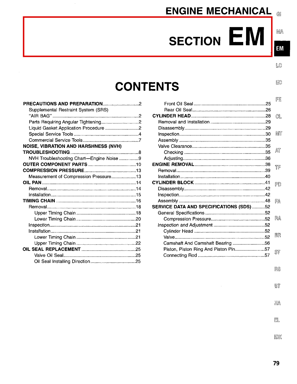 Nissan Frontier Engine Mechanical  EM 1998 Owner's Manual