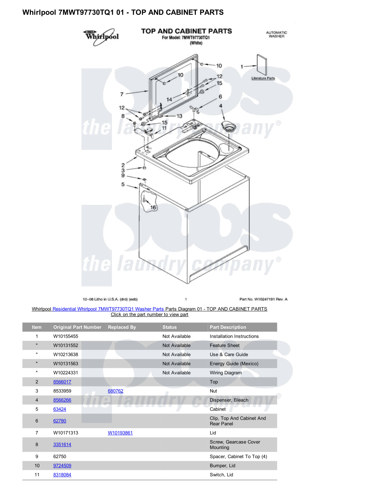 Whirlpool 7MWT97730TQ1 Parts Diagram