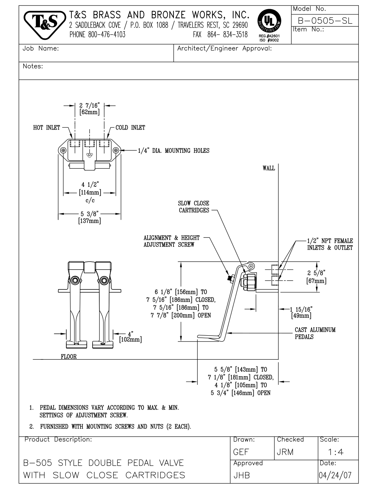 T&S Brass B-0505-SL User Manual