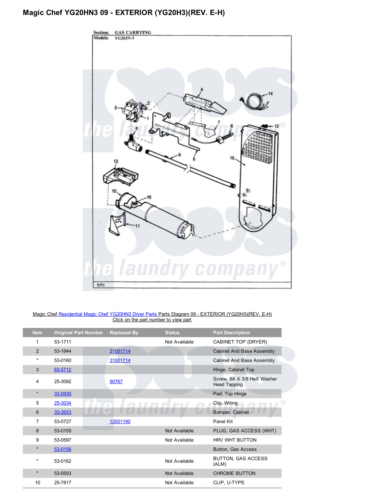 Magic Chef YG20HN3 Parts Diagram