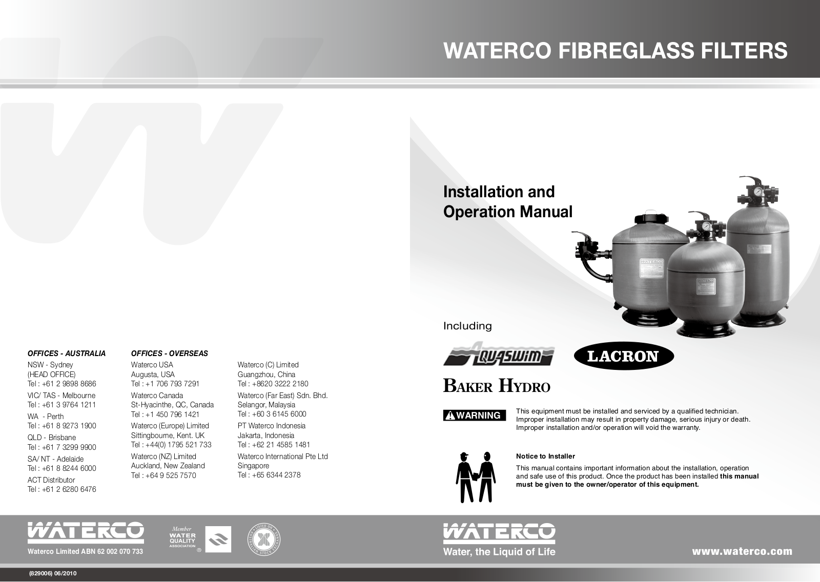 WATERCO FIBREGLASS FILTERS Installation Manual