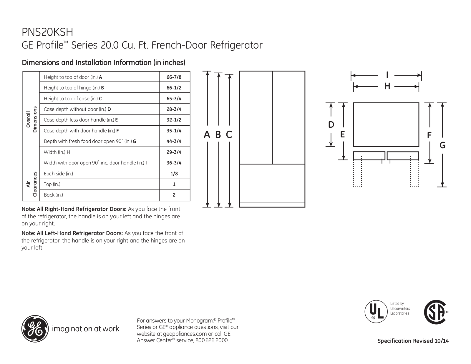 GE PNS20KSHSS Specification Sheet